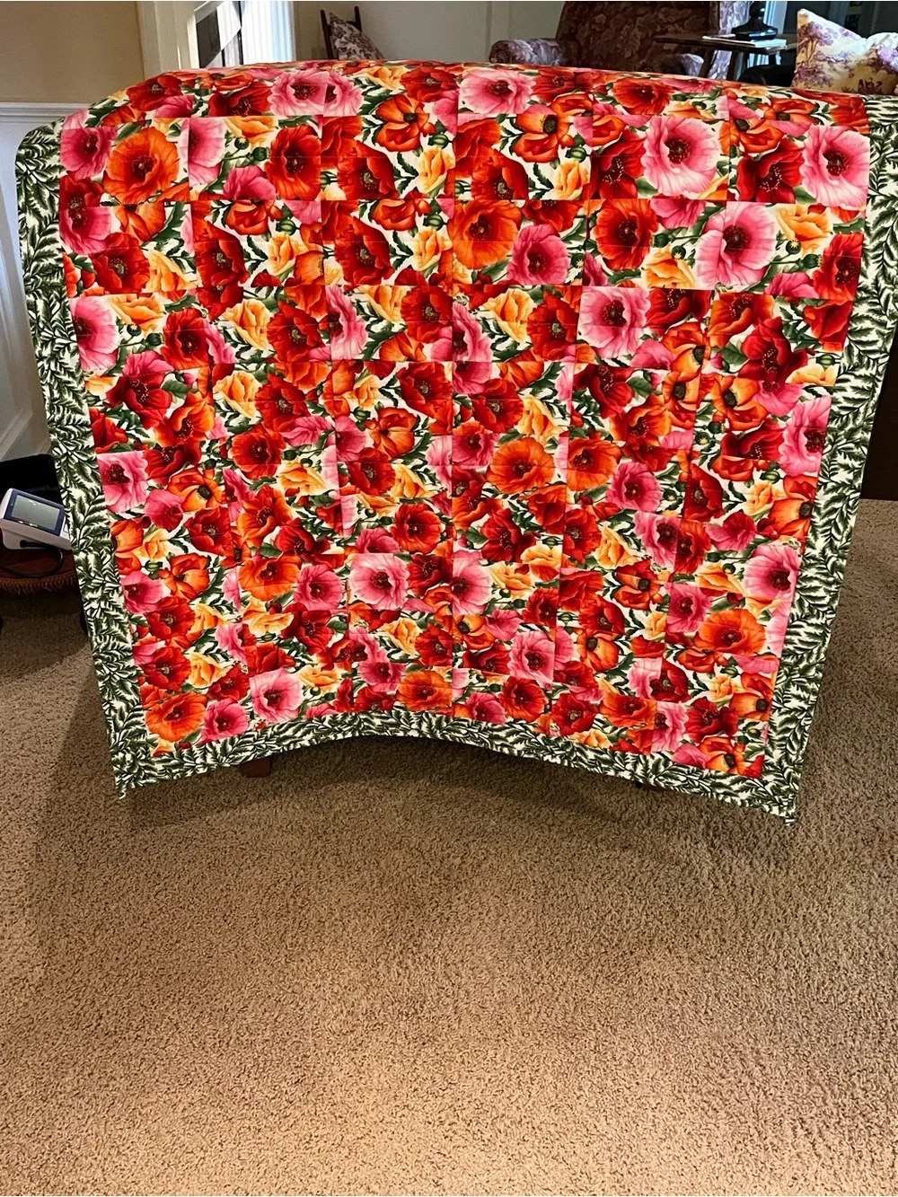 Hand Crafted Floral Patchwork Lap Quilt in Red, Pink, Orange, Green